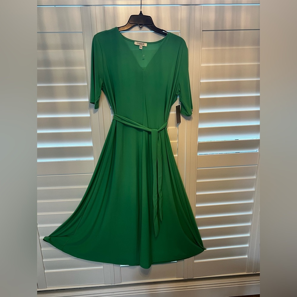 Chaus Green A-Line Wrap Midi Dress with Dolman Sleeves